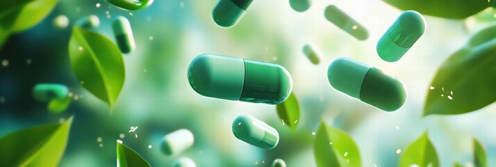 Graphic layouts for advertising health products featuring green capsules among leaves