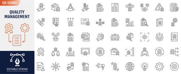 Quality management line icon set. Editable stroke. Containing assurance, product, service, improvement, achieve, planning, customer icon. Vector illustration