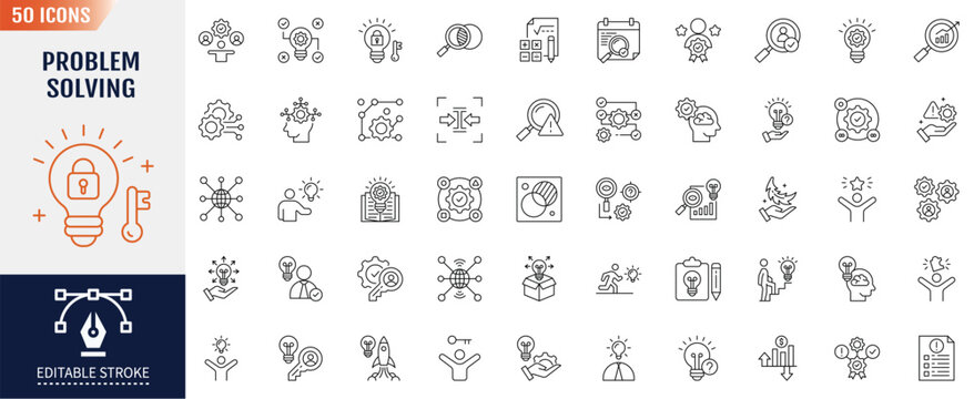 Problem solving icon set . Containing icons: process, achievement, goal, solutions, resources, knowledge, professionals, identify icon. Vector illustration