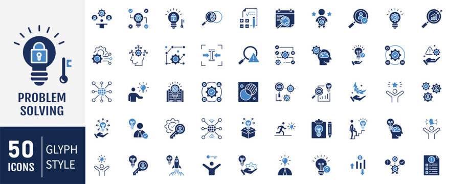 Problem solving flat icon set. Containing process, achievement, goal, solutions, resources, knowledge, professionals, identify icon. Vector illustration