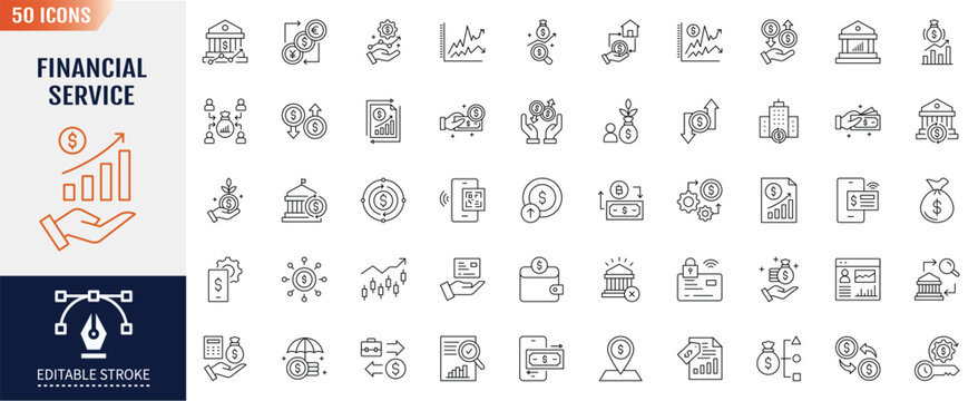 Financial service line editable icon set. Containing icons: Bank, money, wealth management, insurance, foreign exchange, mutual funds and more. Vector illustration