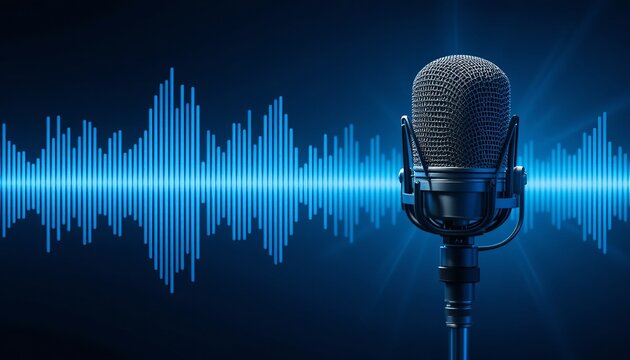 Microphone with waveform on blue background, broadcasting or podcasting banner