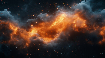 Naklejka premium Cosmic Inferno: A vibrant nebula bursts forth in a celestial tapestry, its fiery hues ignite the cosmos. A symphony of swirling gas and dust illuminate the infinite expanse.