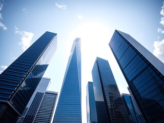 Obraz premium Common modern business skyscrapers, high-rise buildings, architecture raising to the sky, sun. Concepts of financial, economics, future etc.