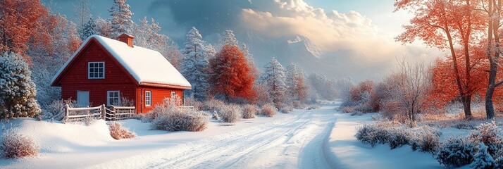 Winter landscape featuring a red cottage surrounded by snow and autumn trees