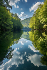 Obraz premium Dual Realities: The Perfect Mirror Lake Reflecting the Sky and Forest
