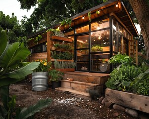 Obraz premium A cozy 1950s-inspired garden, showcasing a chicken coop, vertical planters, and a barrel for collecting rainwater, all in a lush and sustainable setup