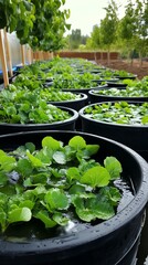A DIY greywater system reusing household water to irrigate fruit trees and vegetable beds sustainably