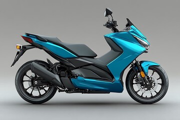 Sleek turquoise scooter on the road side.