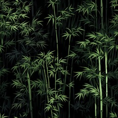 Dark bamboo forest illustration with detailed green leaves.