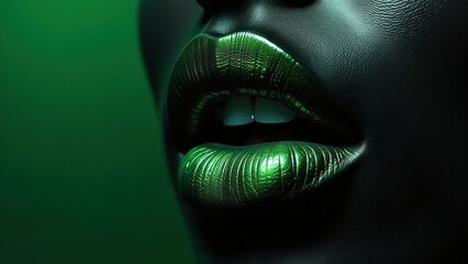 Metallic green lips on dark skin creating a striking contrast