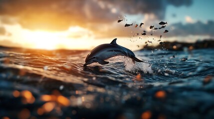 Dolphin leaps out of the sea with fishes at sunset with the sun in the background