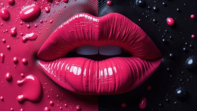Pink lips showing white teeth covered with droplets of glossy red and black paint