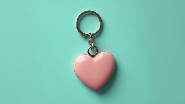 Pink Heart Keychain on Turquoise Background for Love and Accessories Concepts
