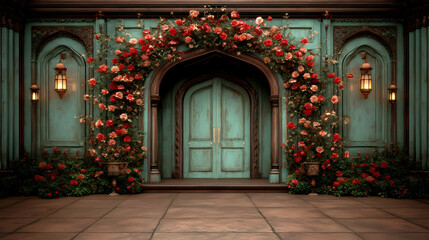 Rose archway, teal door, mansion entrance, event backdrop