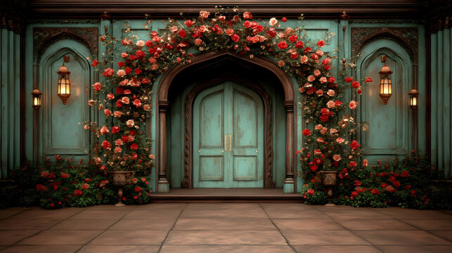 Rose archway, teal door, mansion entrance, event backdrop