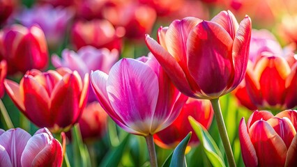 Obraz premium Stunning Macro Photography of Red and Pink Tulips Close-Up, Capturing Vibrant Colors, Petal Textures, Nature's Beauty, Floral Details, Spring Garden, Botanical Splendor, Floral Art