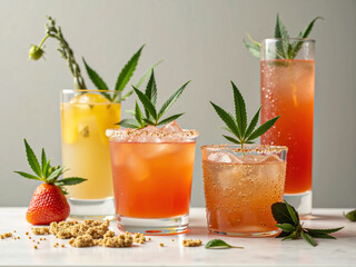 Assorted CBD cocktail drinks decorated with marijuana cannabis leaves in glasses
