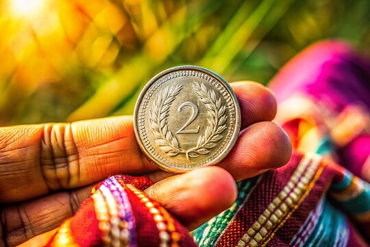 Indian Two Rupee Coin in Hand - Closeup Stock Photo