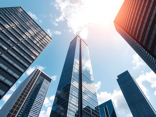 Common modern business skyscrapers, high-rise buildings, architecture raising to the sky, sun. Concepts of financial, economics, future etc.