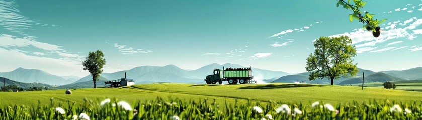 Naklejka premium Classic rural eco-tourism design with visitors planting trees, exploring beehives, and taking wagon tours through organic fields, all in a nostalgic farm setting