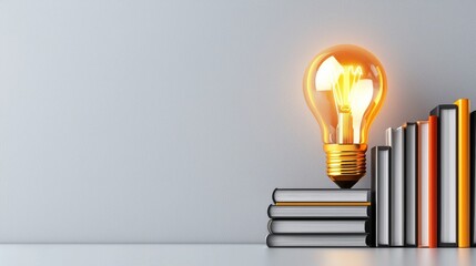 Light Bulb Above Stacked Books Representing Knowledge Inspiration and Ideas Concept.