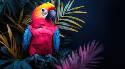 Obraz premium Vibrant scarlet macaw amid tropical leaves in lush jungle setting
