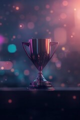 Shiny trophy on display with bokeh background in vibrant lighting