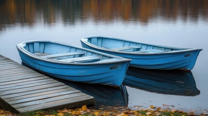 Obraz premium Two blue boats moored on calm lake with autumn leaves and wooden dock
