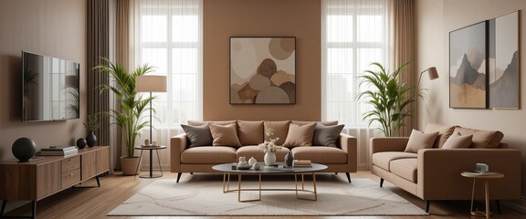 Fototapeta premium Modern living room with sofa in trend color of the year 2025 - mocha mousse. Cozy warm palette color lounge and furniture.