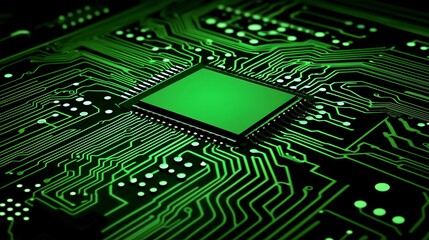 Fototapeta premium 3D Render of Computer Chip on Circuit Board with Glowing Elements, High-Tech, Digital Innovation, Future Technology, Electronic Engineering