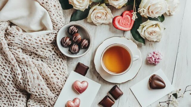 Elegant Tea Setup with Roses, Chocolates, and Cozy Atmosphere