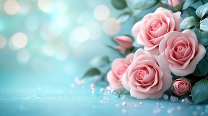 Elegant pink roses with dew on blue background - romantic floral arrangement with soft bokeh. March 8, International Women's Day. Mother's Day