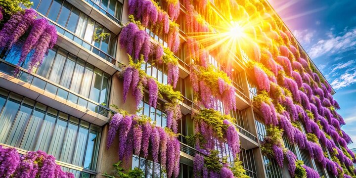 Iochroma Flower Architectural Detail: Vibrant Purple Blooms Against Modern Building