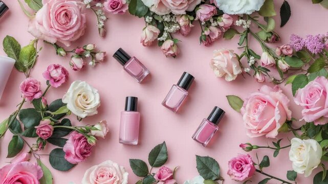 Elegant Flat Lay of Pink Flowers and Cosmetic Bottles on Pastel Background