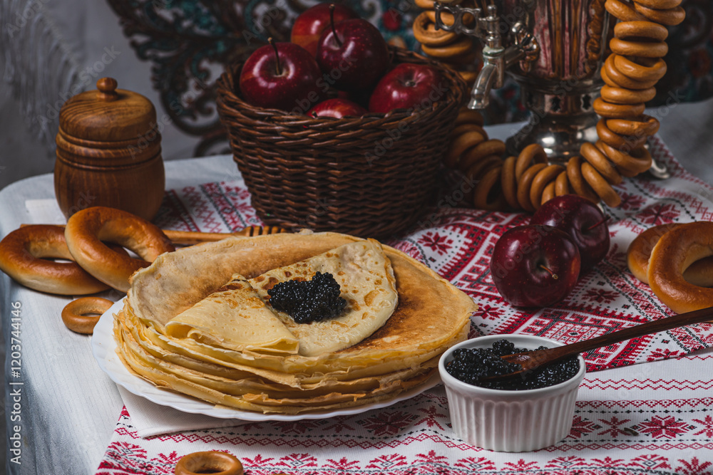 Wall mural Pancakes in a plate, black caviar on top