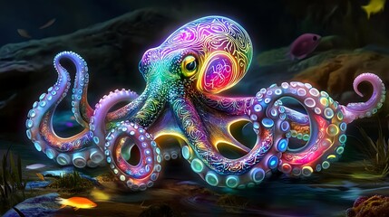 Fototapeta premium vibrant neon octopus underwater fantasy art - psychedelic art