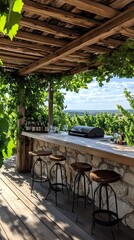 Fototapeta premium Outdoor kitchen in a rural setting with a stone grill, wooden bar, and pergola draped with grapevines