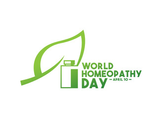 World Homeopathy Day. April 10. Herbal leaf and medicine bottle. Gradient. White background. Poster, banner, card, background.