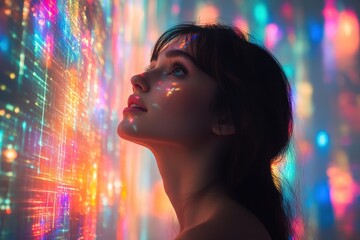 A silhouette of a woman looking up at an immersive light installation.