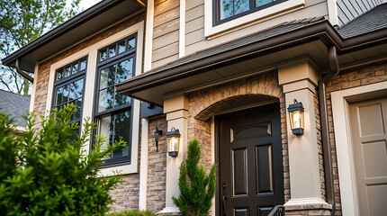 Obraz premium Luxury House Exterior: Brick Facade, Modern Design, and Elegant Entrance. Real Estate Photography