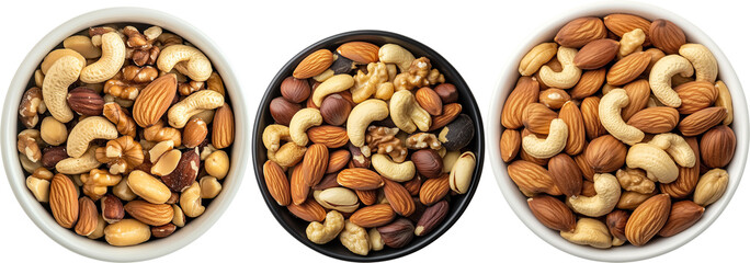 Top view Bowl filled with a variety of delicious nuts isolated on transparent background. Each bowl is filled with a mixture of almonds, cashews, walnuts, and other nuts