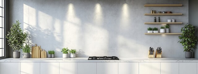 Black Gas Stove on White Marble Countertop in Modern Kitchen, Minimalist Design, Clean Lines, Natural Elements, Contemporary Cooking Space