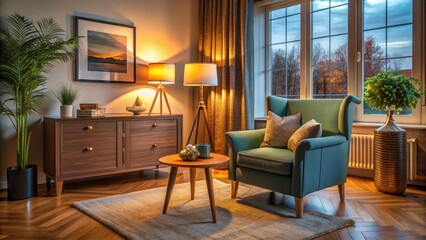 Stylish Chest Lamp Chair in Cozy Living Room - Panoramic Interior Photography with Modern Design Elements, Warm Lighting, and Inviting Atmosphere for Home Decor Inspiration