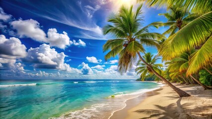 Summer Paradise: Sandy Beach with Palm Trees and Ocean Waves for Relaxation and Vacation Vibes