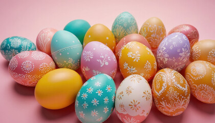 Vibrant hand-painted Easter eggs on a pastel background