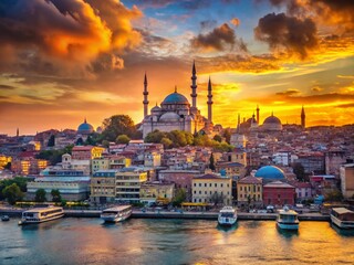 Obraz premium Istanbul Sunset Panorama: Golden Horn Skyline, Turkey