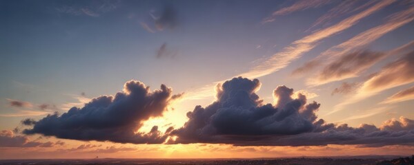 A majestic blue sky with wispy clouds stretches out against a backdrop of warm golden hues at sunset, warm golden hues, stunning landscape