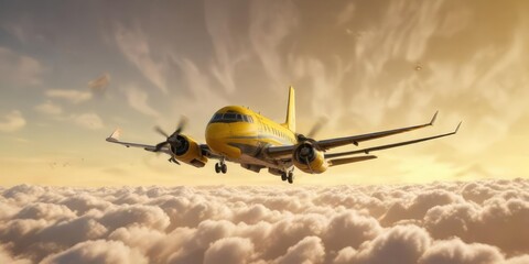 Fototapeta premium A lone airplane flying in the sky against a bright yellow background , yellow, aircraft