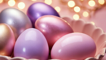 Glossy Easter eggs with metallic accents on bokeh background